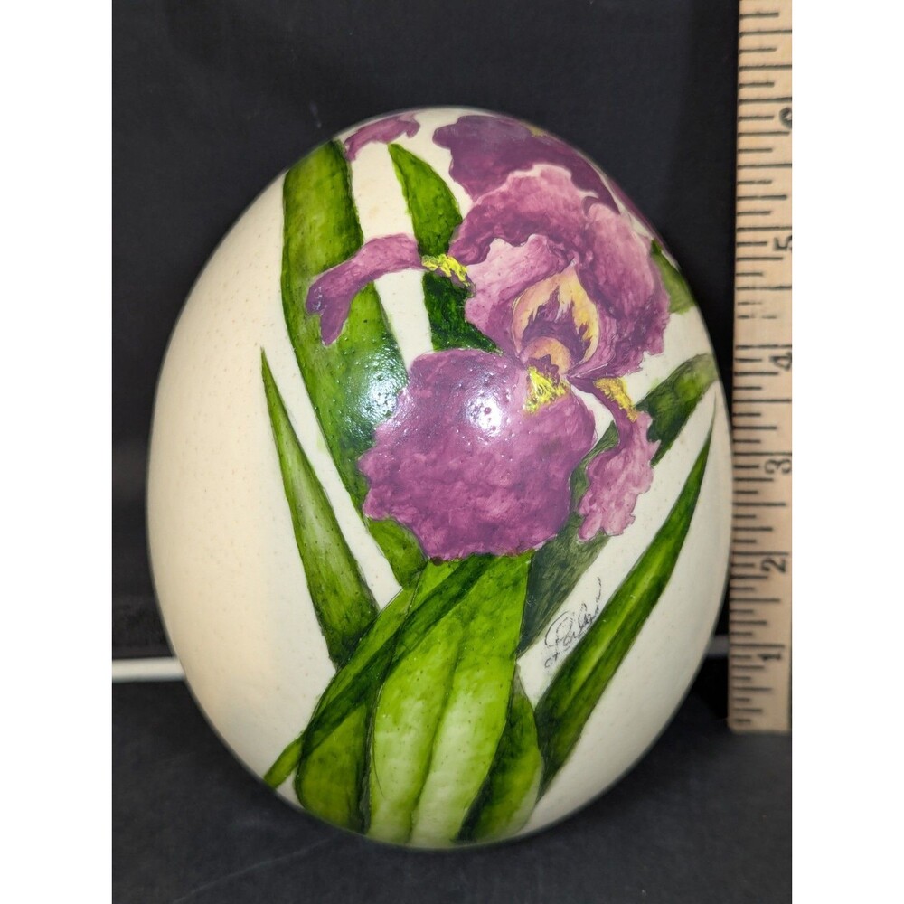 Large Hand Painted Iris Floral Hand Decorated Ostrich Egg 6”